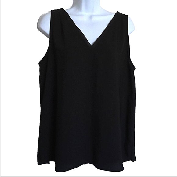 Ann Taylor Factory Top Black Double V Neck Mesh Trim Sleeveless Shell EUC Sz L - Picture 1 of 7